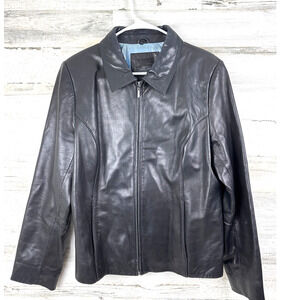 Apt. 9 Womens L Black Lambskin Leather Button Front Jacket Coat Retro